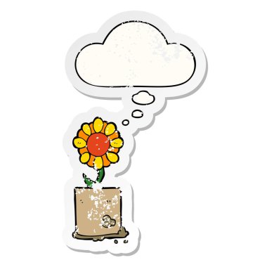 karikatür çiçek ve sıkıntılı yıpranmış etiket olarak kabarcık düşünce