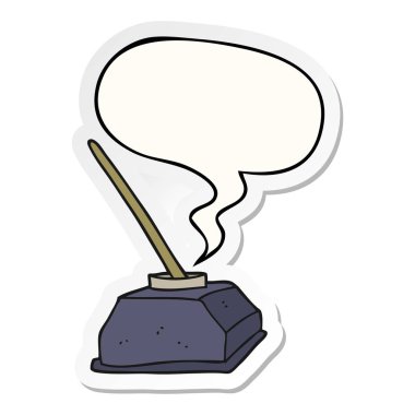 karikatür eski mürekkep pot ve kalem ve konuşma kabarcık etiket