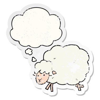 bir sıkıntılı aşınmış Sticker olarak karikatür koyun ve düşünce balonu