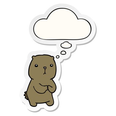 karikatür endişeli ayı ve baskılı bir etiket olarak kabarcık düşünce