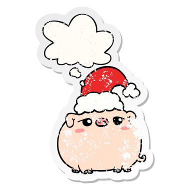 karikatür domuz noel şapkası giyen ve bir distre olarak kabarcık düşündüm