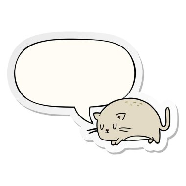 sevimli şişman karikatür kedi ve konuşma kabarcık etiket