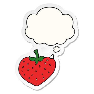 karikatür çilek ve baskılı bir etiket olarak kabarcık düşünce