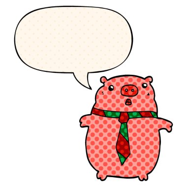 çizgi roman s ofis kravat ve konuşma balonu giyen karikatür domuz