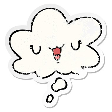 sevimli mutlu karikatür yüz ve sıkıntılı yıpranmış olarak kabarcık düşünce 