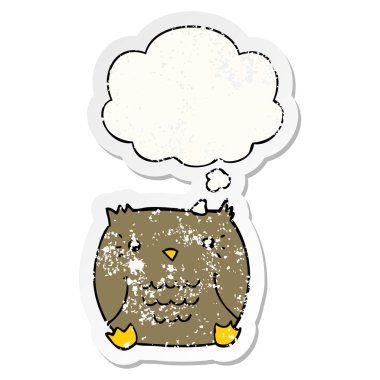 karikatür baykuş ve sıkıntılı yıpranmış etiket olarak kabarcık düşünce