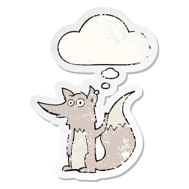 karikatür kurt ve sıkıntılı yıpranmış etiket olarak kabarcık düşünce