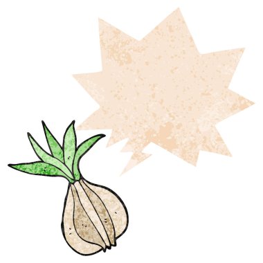 retro dokulu tarzda karikatür soğan ve konuşma balonu