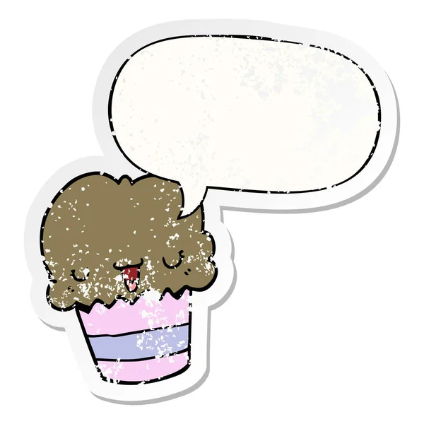 Cupcake de dibujos animados y cara y habla burbuja angustiado etiqueta engomada — Vector de stock