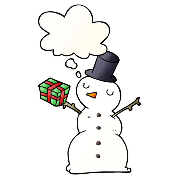 Bonhomme de neige dessin animé et bulle de pensée en style dégradé lisse — Image vectorielle