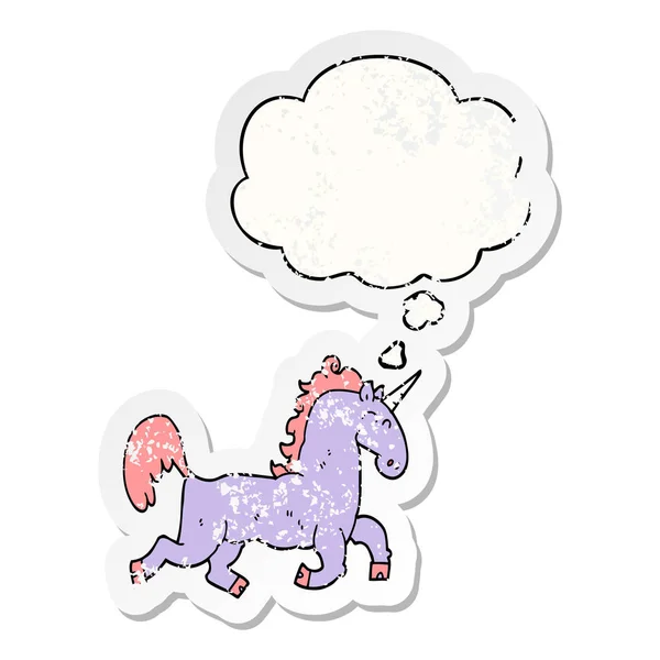 Cartoon Unicorn en dacht Bubble als een verdrietig versleten sticker — Stockvector