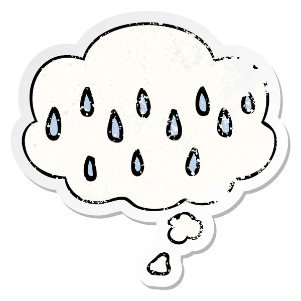 Мультяшний дощ і думала бульбашка як засмучена наклейка — стоковий вектор