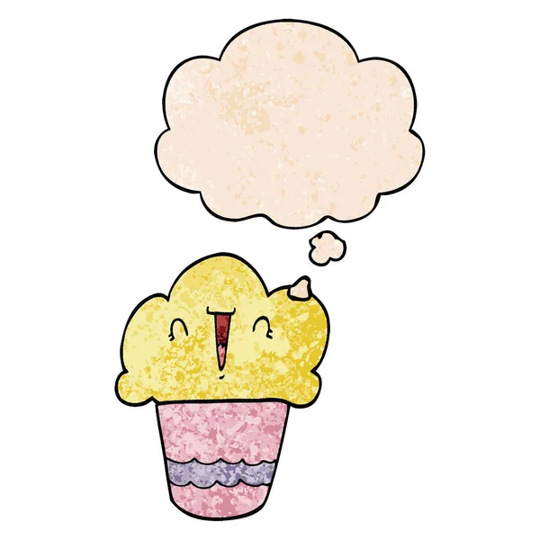 Cartone animato cupcake con il viso e il pensiero bolla in grunge texture p — Vettoriale Stock