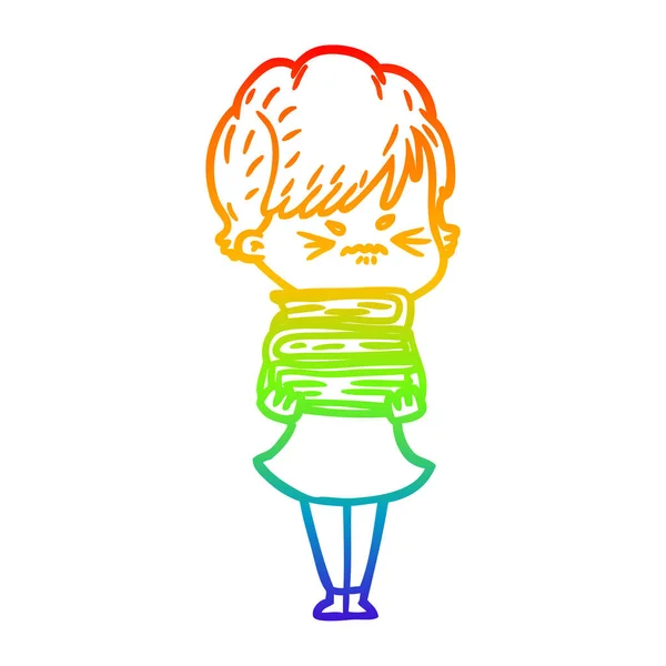 Regenboog gradiënt lijntekening cartoon gefrustreerd vrouw — Stockvector