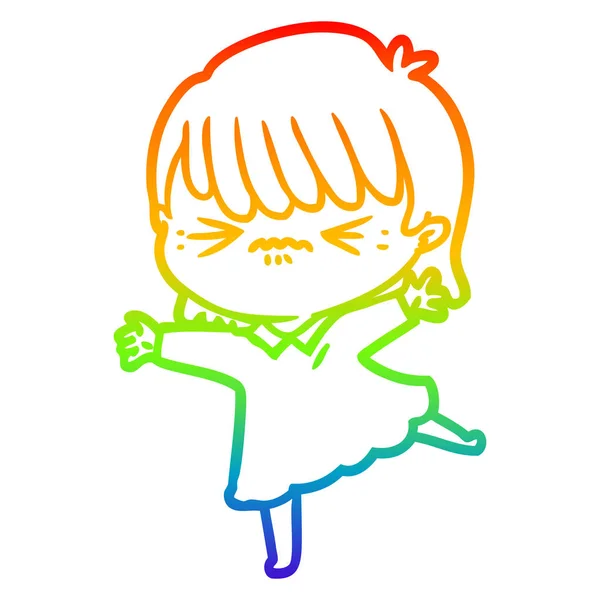 Zeichnung einer Regenbogen-Gradienten-Linie betont Cartoon-Mädchen — Stockvektor