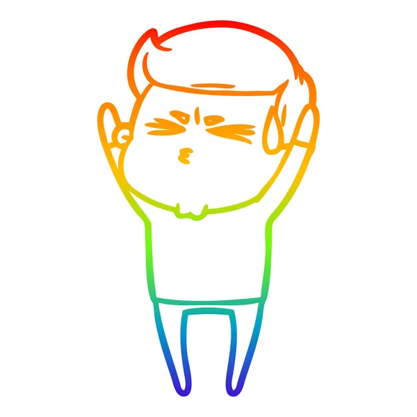 Rainbow gradient line drawing cartoon man sweating — Stock Vector