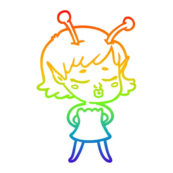 Rainbow gradient linje ritning söt Alien Girl Cartoon — Stock vektor