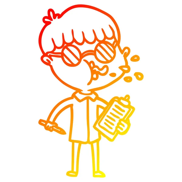 Caldo gradiente linea disegno cartone animato ragazzo indossare occhiali con c — Vettoriale Stock