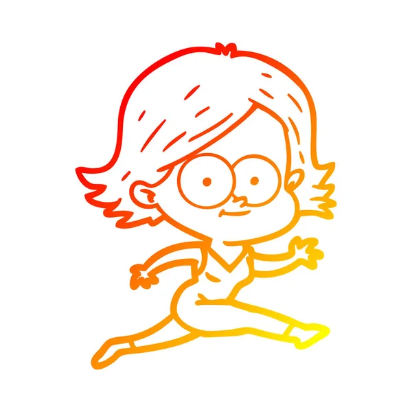 Warme kleurovergang lijntekening gelukkig cartoon meisje — Stockvector
