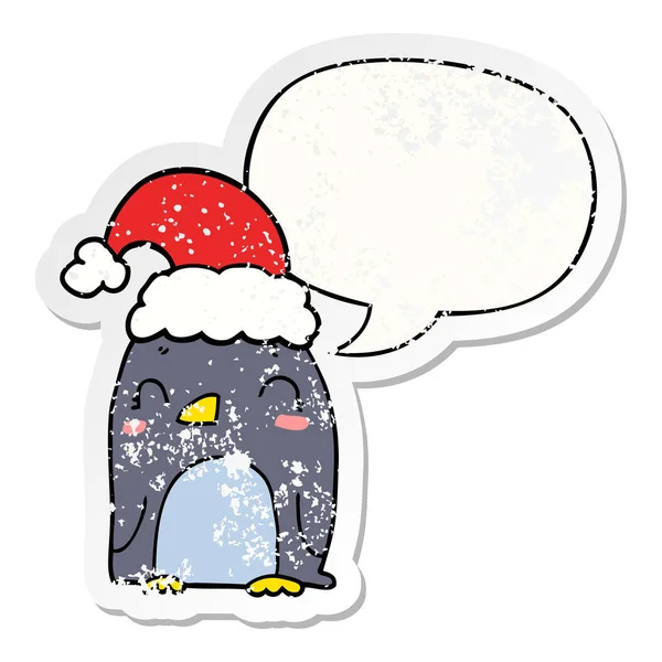 Милый пингвин Рождества и словесный пузырь тревожный наклейка — стоковый вектор