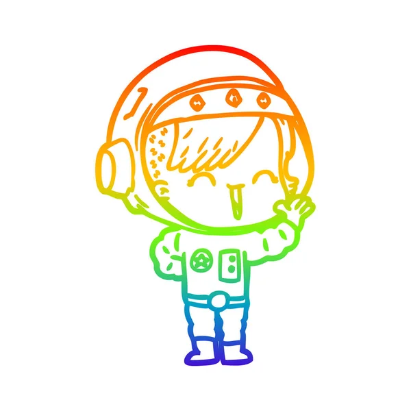 Arco-íris linha gradiente desenho cartoon feliz astronauta menina wavin — Vetor de Stock
