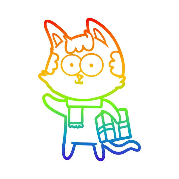 Arco iris gradiente línea dibujo feliz dibujos animados gato con navidad p — Vector de stock