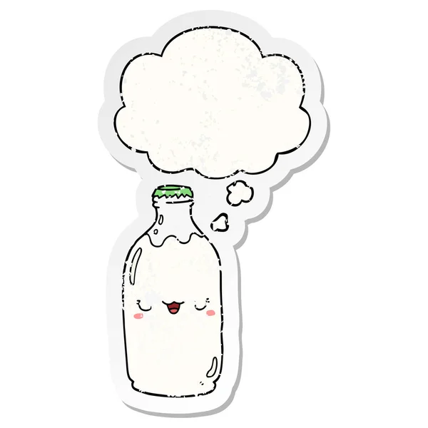 Cute cartoon milk bottle and thought bubble as a distressed worn — Stock Vector