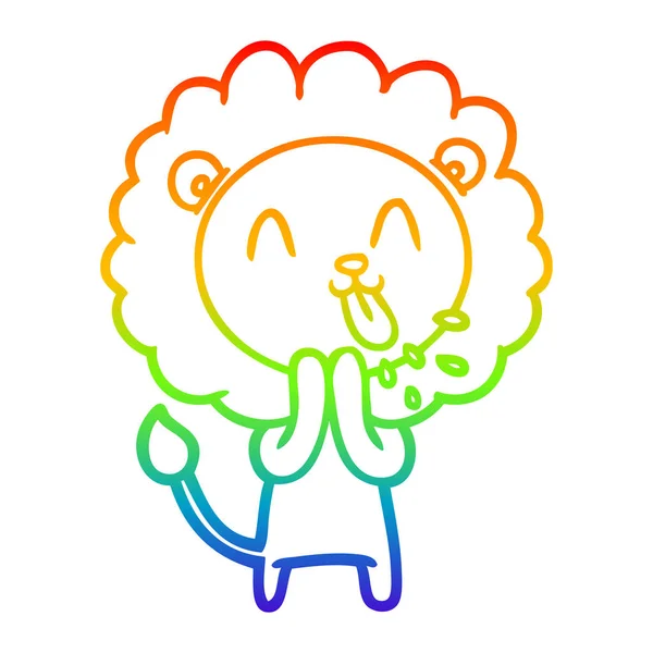 Rainbow gradient line drawing happy cartoon lion — Stock Vector