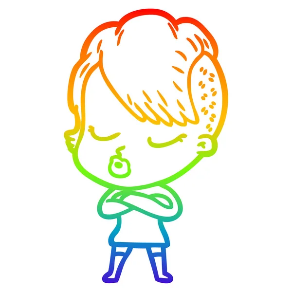 Rainbow gradient line drawing cartoon pretty hipster girl — Stock Vector