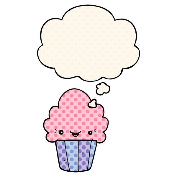 Cupcake dessin animé avec visage et bulle de pensée dans le style de bande dessinée — Image vectorielle
