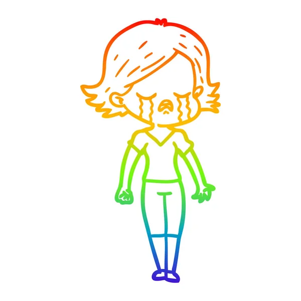 Arco iris gradiente línea dibujo dibujos animados chica llorando — Vector de stock