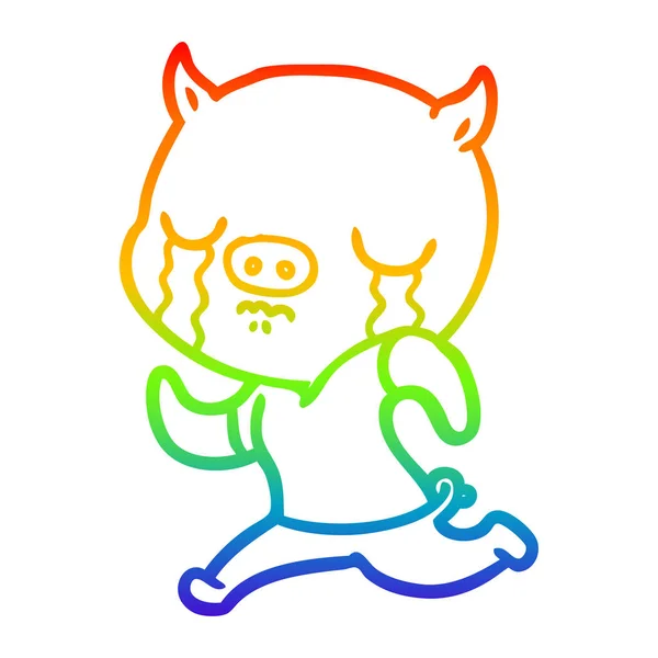 Rainbow gradient ligne dessin dessin animé cochon pleurer fuir — Image vectorielle