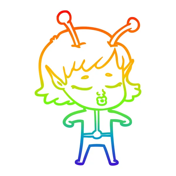 Regenbogen Gradienten Linie Zeichnung Cartoon Alien Mädchen — Stockvektor