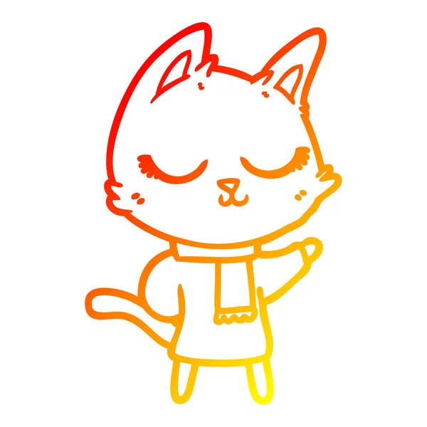 Warme kleurovergang lijntekening kalm cartoon kat dragen sjaal — Stockvector