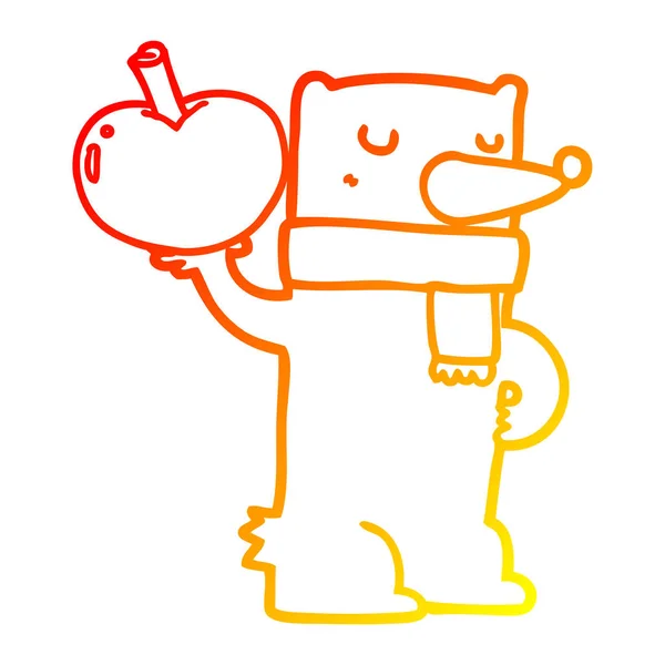 Тёплая градиентная линия рисования мультяшного медведя с яблоком — стоковый вектор