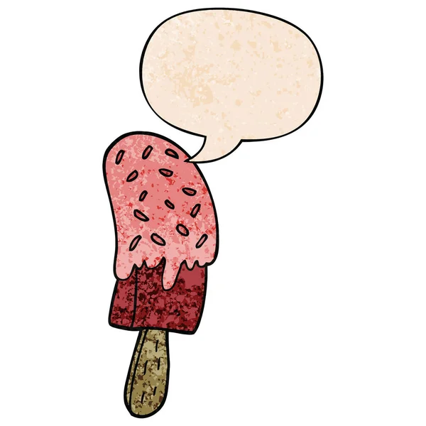 Cartoon Ice Cream lolly och pratbubbla i retro textur stil — Stock vektor