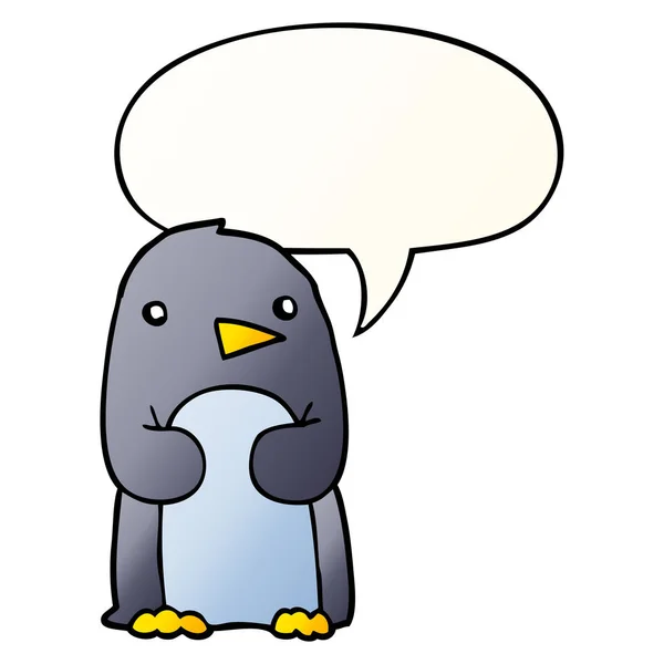Pingüino de dibujos animados y burbuja del habla en estilo gradiente suave — Vector de stock