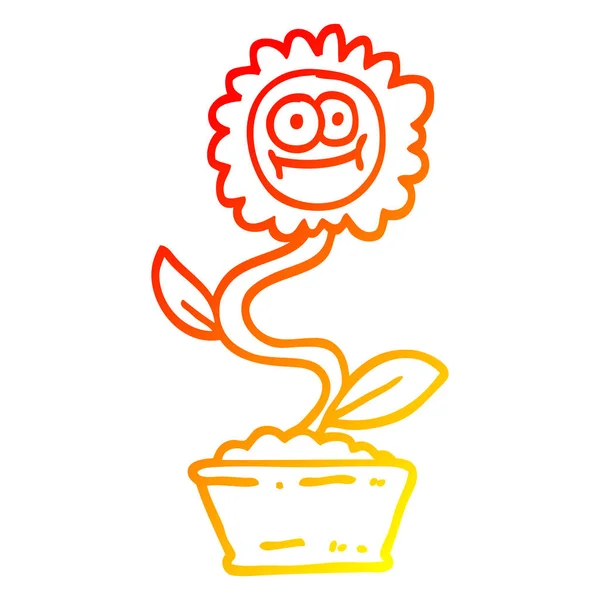 ポットで漫画の花を描く暖かいグラデーションライン — ストックベクタ