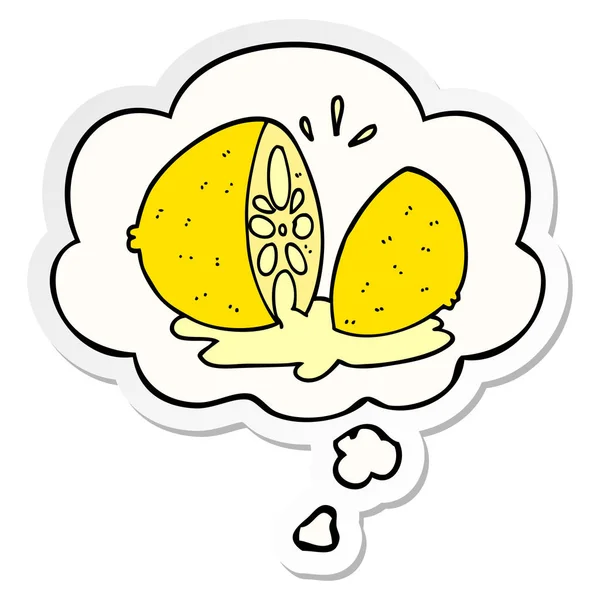 Cartoon cut lemon and thought bubble as a printed sticker — Stock Vector