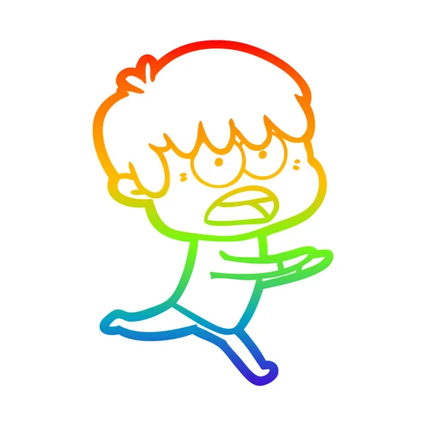 Rainbow gradient line drawing worried cartoon boy — Stock Vector
