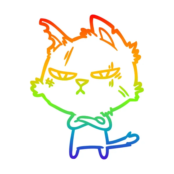 Rainbow gradient linje ritning tuff tecknad katt — Stock vektor