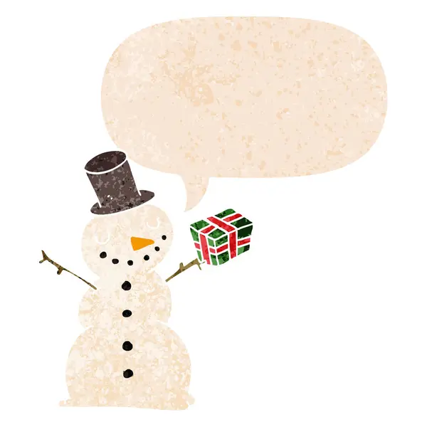Мультяшний сніговик і мовна бульбашка в ретро текстурованому стилі — стоковий вектор