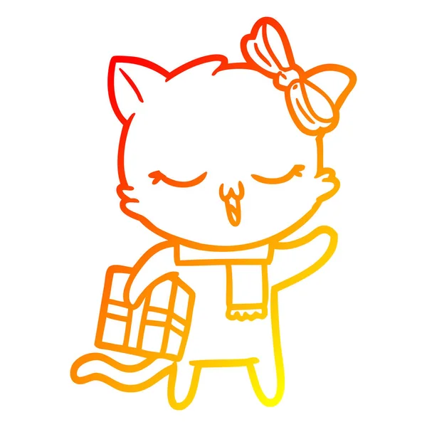 Linha gradiente quente desenho desenho cartoon menina gato com natal prese —  Vetores de Stock