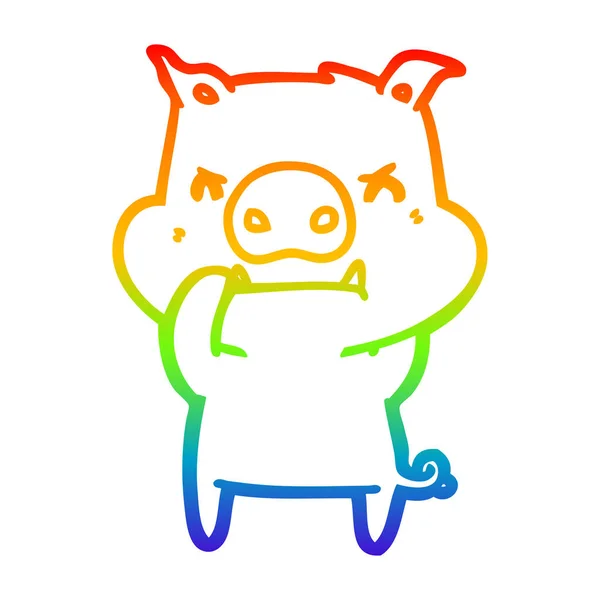 Rainbow gradient ligne dessin en colère dessin animé cochon — Image vectorielle