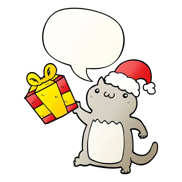 滑らかなグラデーションでかわいい漫画のクリスマス猫とスピーチバブル — ストックベクタ