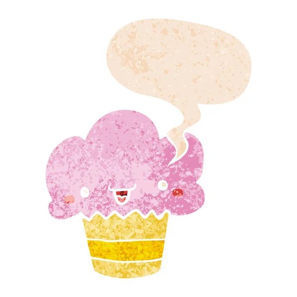 Cupcake cartoon com rosto e fala bolha em retro texturizado st — Vetor de Stock