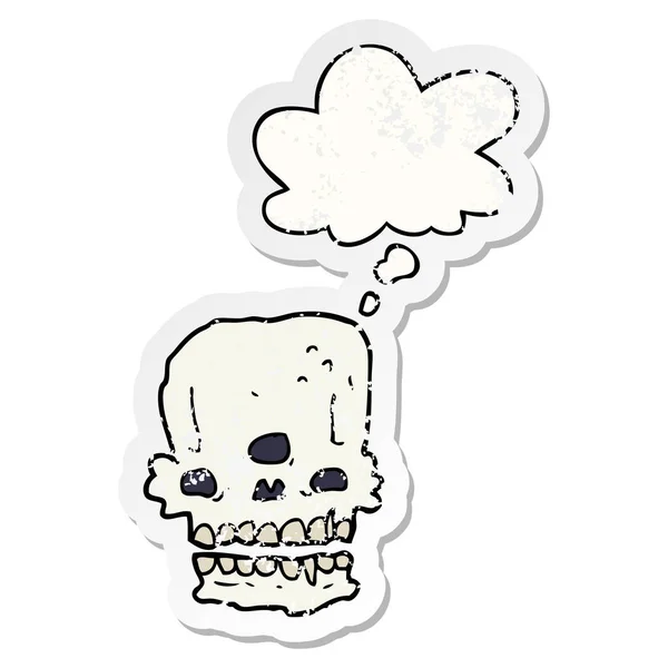 Cartoon Spooky schedel en dacht Bubble als een verdrietig versleten STI — Stockvector