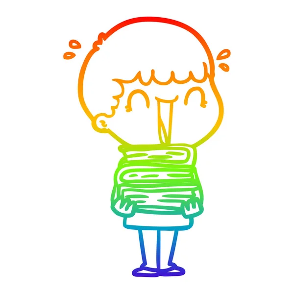 Regenboog gradiënt lijntekening lachende cartoon man Holding stack — Stockvector