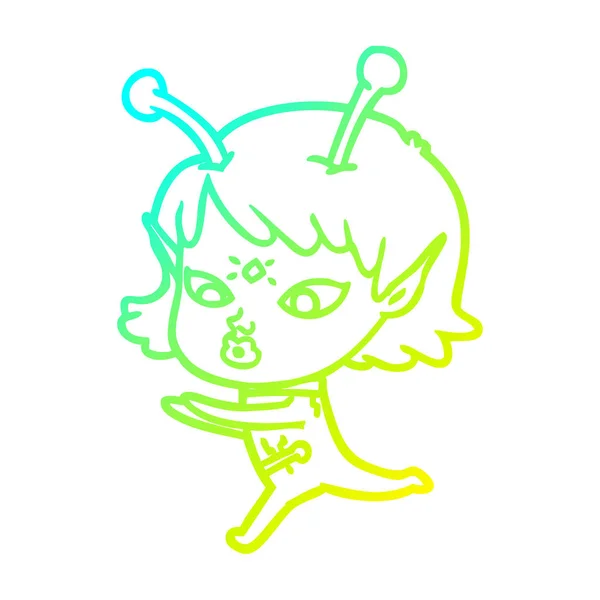 Freddo linea gradiente disegno piuttosto cartone animato ragazza aliena — Vettoriale Stock