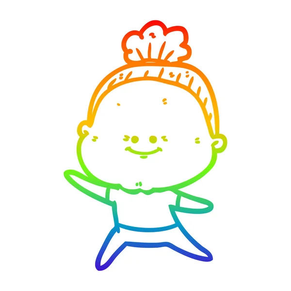 Regenboog gradiënt lijntekening cartoon gelukkig oude vrouw — Stockvector